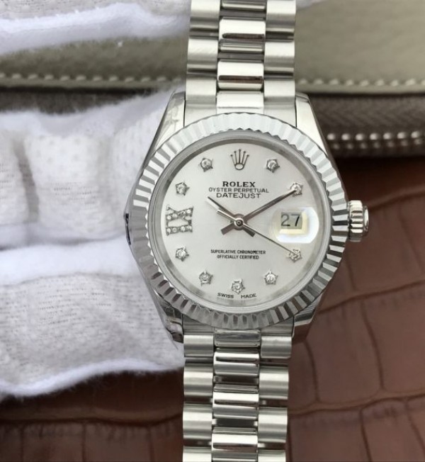 Rolex DateJust 28mm Fluted Bezel White Dial Diamonds Rome Markers Bracelet A2236