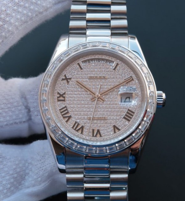 Rolex Day-Date 218399 Roman Numerals SS Full Diamonds A3255