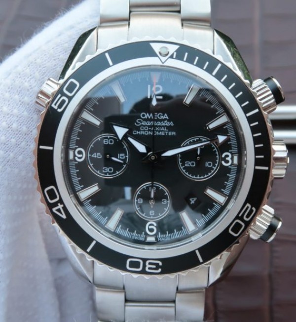 Omega Seamaster Planet Ocean Chrono 45mm Black Dial Silver Markers SS Bracelet A7750