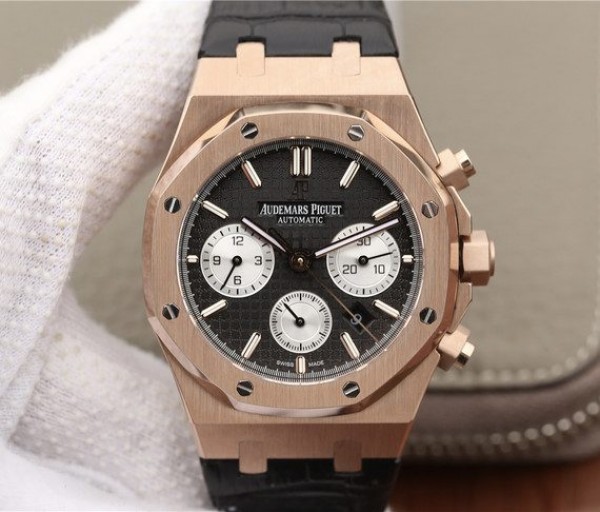 Audemars Piguet Royal Oak Chronograph 26331 RG Black Dial Leather Strap A7750