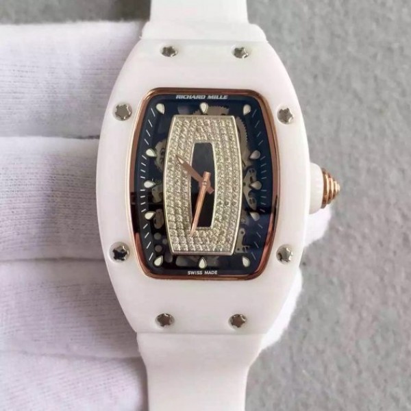 Richard Mille RM007-01 Lady SS Diamonds Black Dial RG White Rubber Strap 6T51