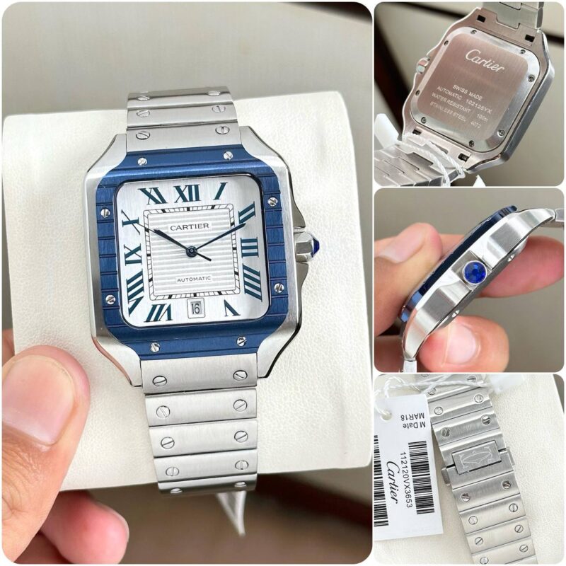 Cartier De Santos Blue Bezel White Dial - gallery