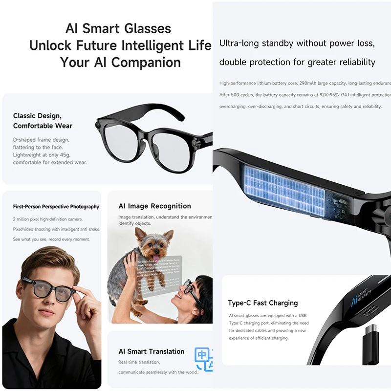New Al Smart Glasses 200W HD Camera Video Recording AI Translation AI Voice Assistant Sunglasses Bluetooth Call Music Playback
