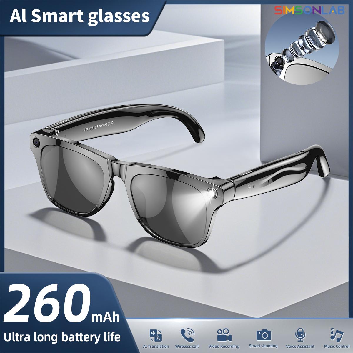 2025 Smart Glasses with HD Camera LED flashlight AI Translation Dialogue 260mAh Large Battery Touch Control Meeting Video Record Wearable