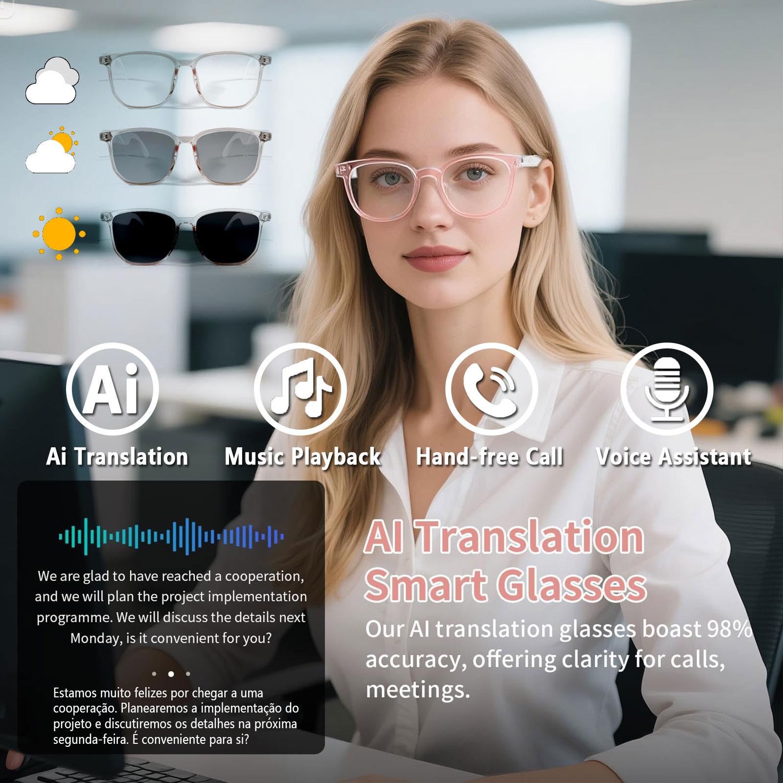 Smart AI translation audio glasses, real-time app translation in over 160 languages, light-sensitive color-changing lenses Wearable White - Image 3
