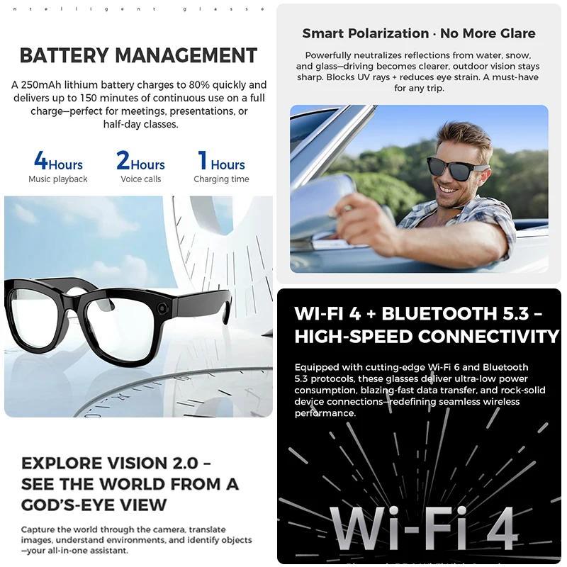 2025 New AI Translation Smart Glasses UV Protective Lenses Bluetooth Call Voice Assistant HD Camera Vedio Music Smart Glasses - Image 4