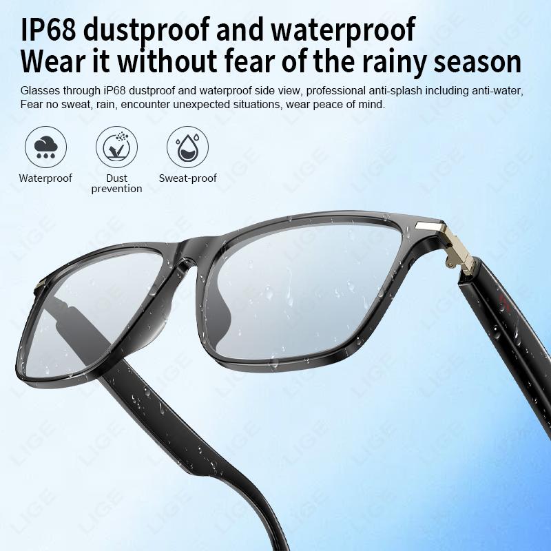 LIGE Smart Glasses Sunglasses Bluetooth Call Outdoor Sport Headphones Blue Light Waterproof Anti-UV Eyeglasses For Men Women New Wireless Adjustable
