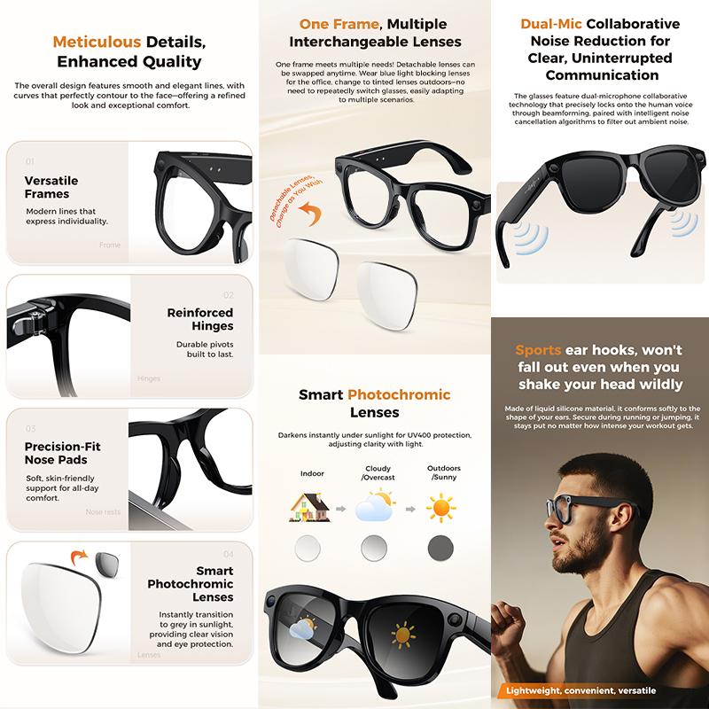 Smart glasses, new in 2026, featuring a camera, video recording, AI learning, image recognition, Bluetooth calling, and voice translation. Sunglasses designed for men and women.