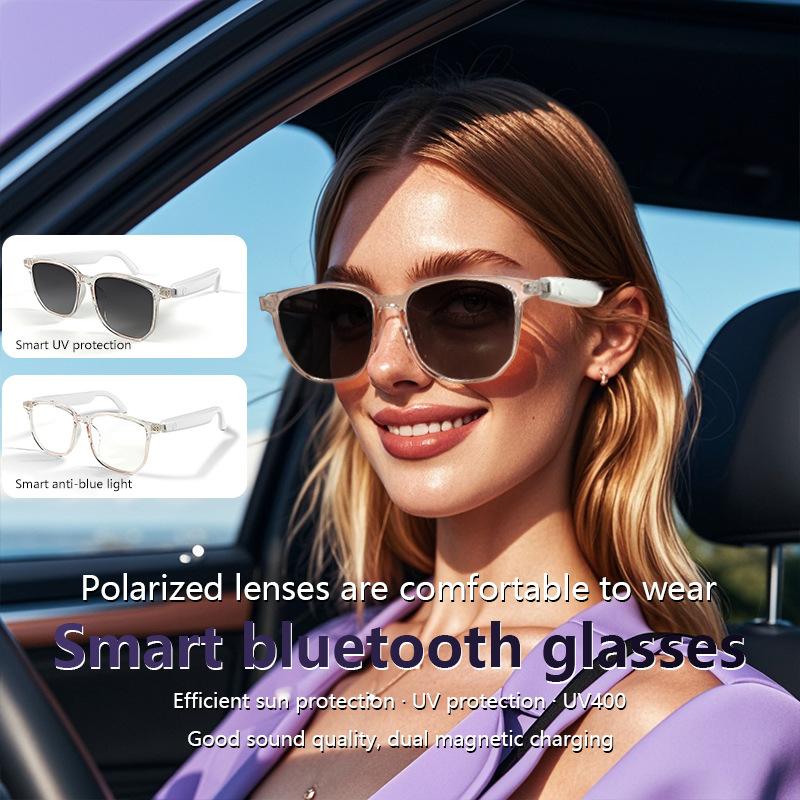 Smart glasses with Bluetooth connectivity, sunglasses, headphones, UV400 polarized blue light blocking lenses—perfect for driving, hands-free calling, music, and photography.