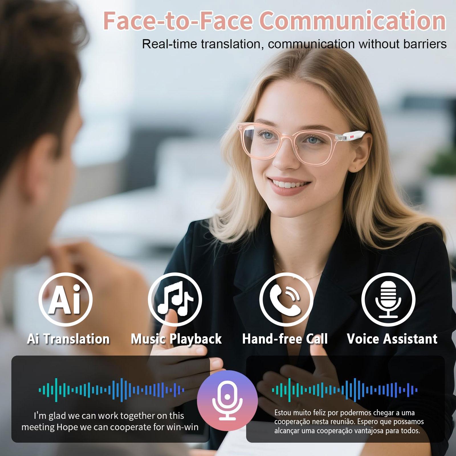 Smart AI Translation Glasses, Real-Time App Translation in Over 160 Languages, Light-Sensing Color-Changing Lenses