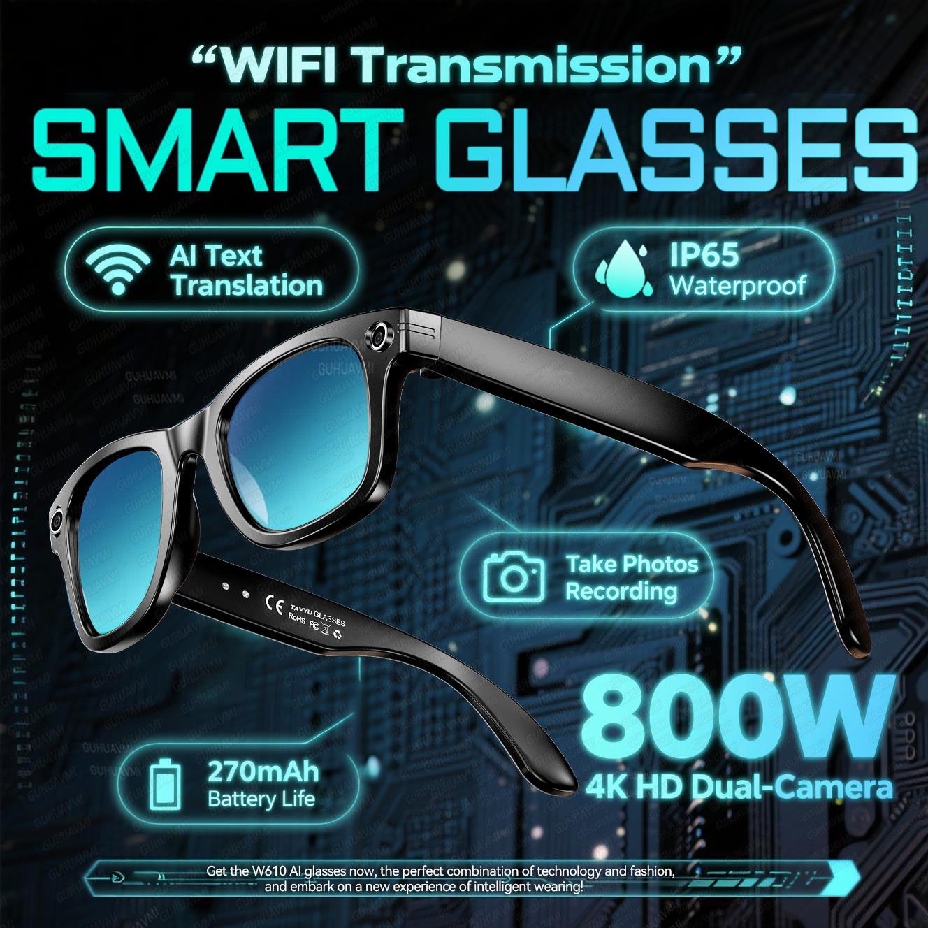 Smart glasses, new arrival for men and women, featuring an 8MP camera with WiFi and Bluetooth connectivity, touch control system, IP65 water resistance, AI translation, noise cancellation, and AI-powered functionality.