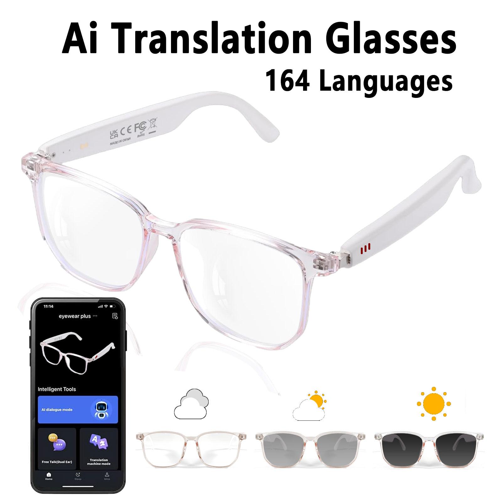 Smart AI translation audio glasses, real-time app translation in over 160 languages, light-sensitive color-changing lenses