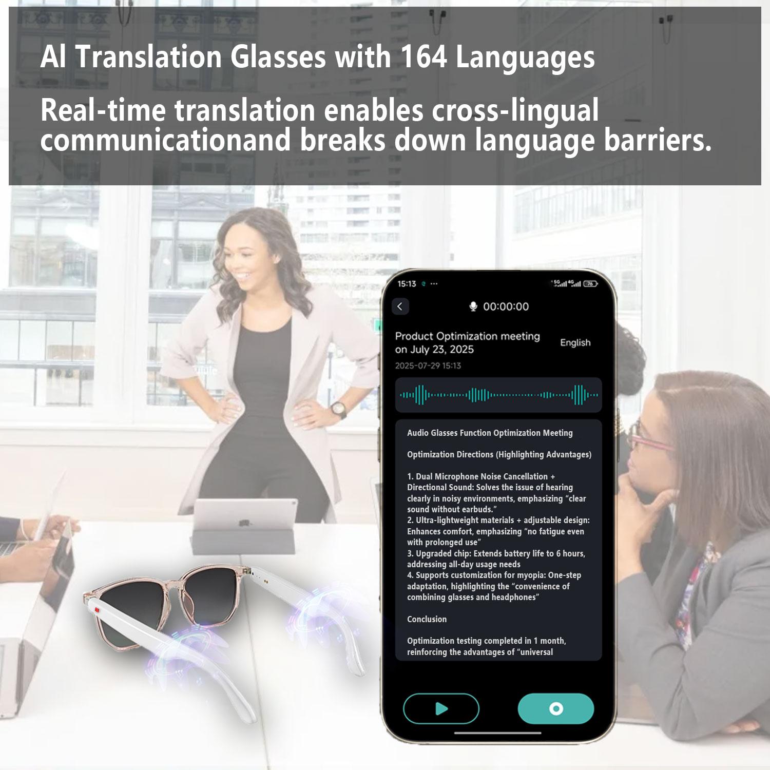 Smart AI Translation Glasses, Real-Time App Translation in Over 160 Languages, Light-Sensing Color-Changing Lenses