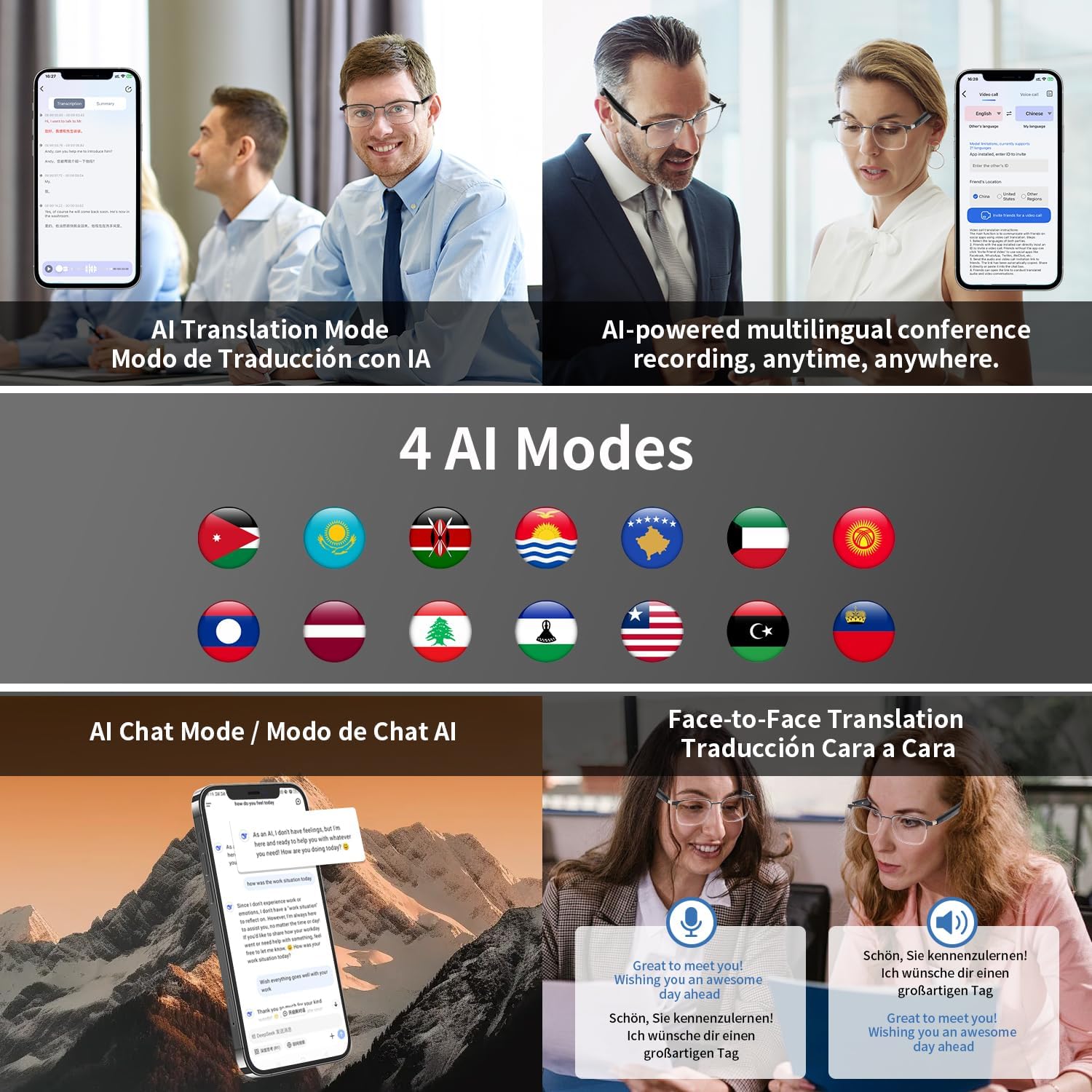 AI Translation Smart Glasses, photochromic lenses, support 160+ languages real-time translation, fashionable audio glasses.