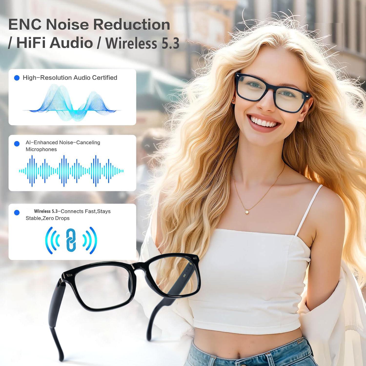 Smart glasses, app translation, color-changing lenses, high-definition voice calls, Hi-Fi music quality, open-ear audio glasses.