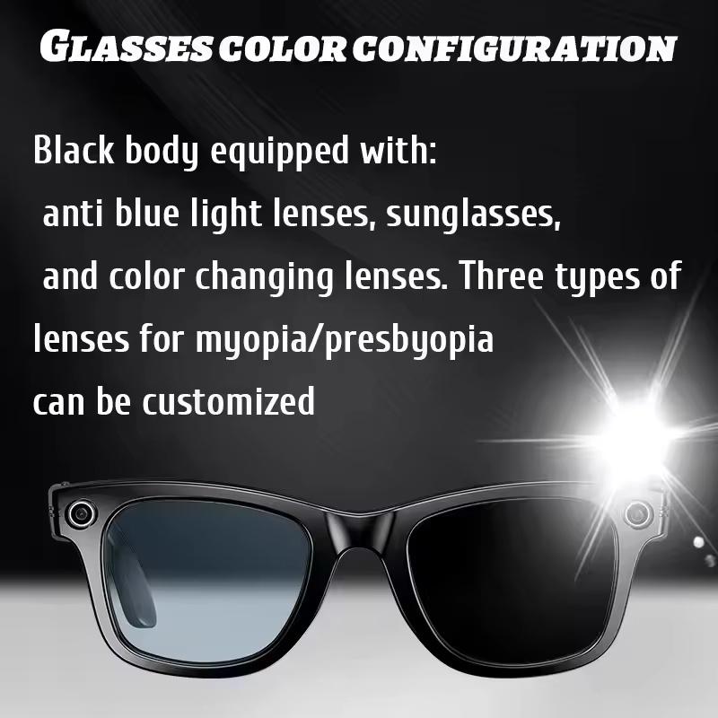 Smart Black Glasses with Camera, AI, 800W, Voice Control, WiFi and Bluetooth, HD1080P Recording, Smart Glasses, Compatible with Android and iOS