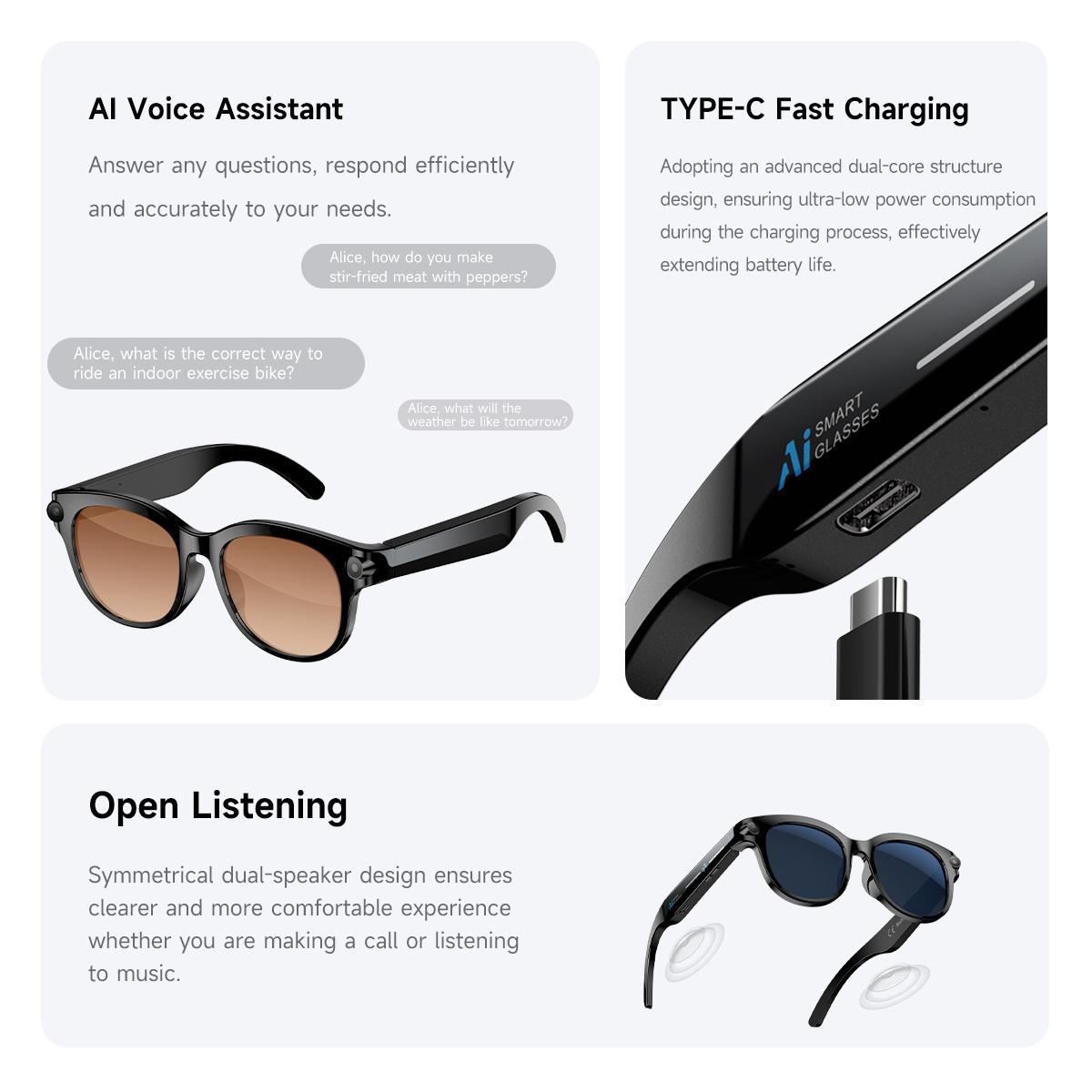 NEW AI Smart Glasses HD Camera LED light AI Translation Dialogue 290mAh Battery Meeting Video Record Outdoor Sports Sunglasses