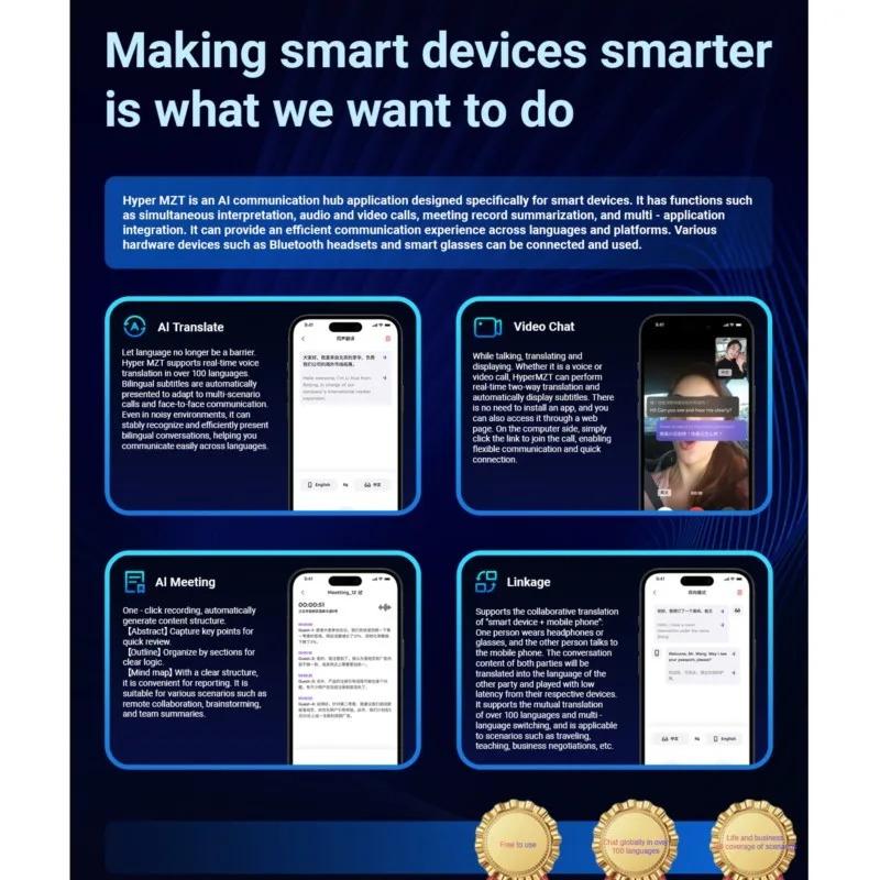 Smart Glasses with AI Translation, Supporting Over 100 Languages, Make and Receive Calls, Music Playback, Noise Reduction, Lightweight, Designed for TWS Use, Suitable for Men and Women