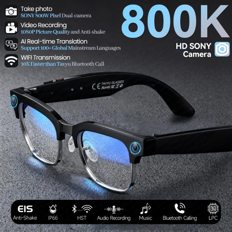 Smart glasses with AI features, equipped with a 4K HD camera and an 800W pixel sensor, support for 1080P video recording. Perfect for outdoor sports, sun protection, OpenAI chat functionality, music playback, and office use.